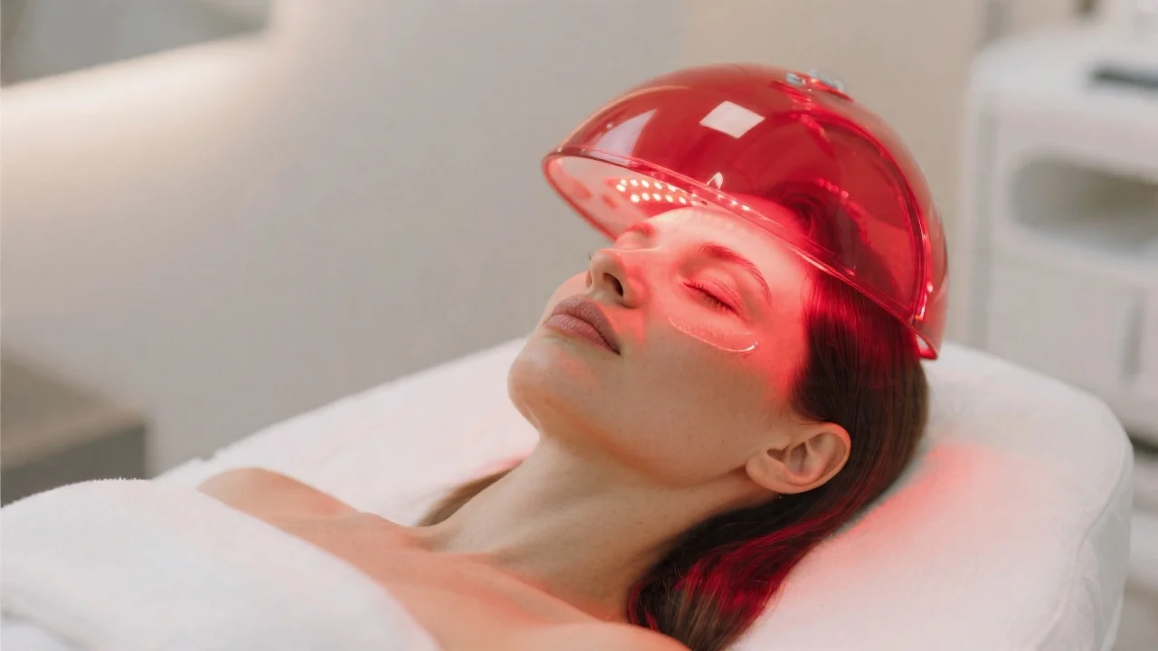 Woman receiving red light therapy facial treatment at a clinical wellness center