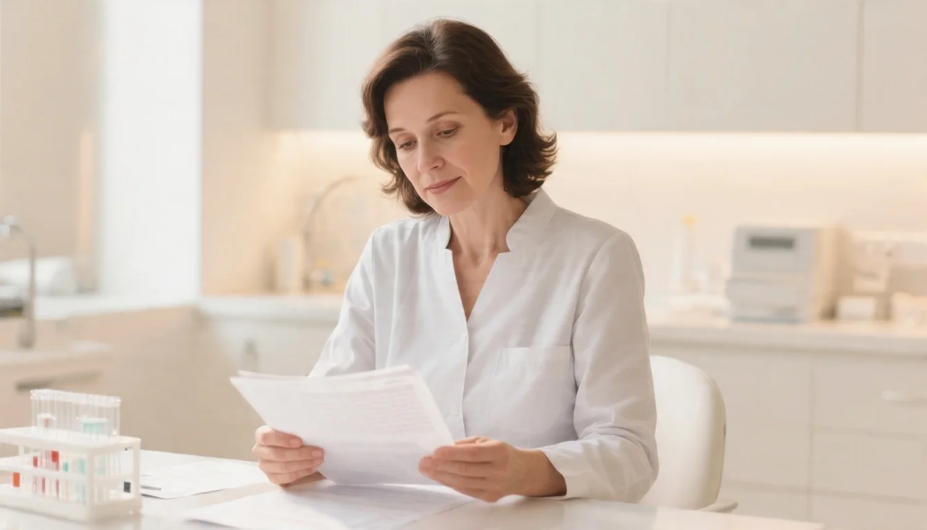 Woman reviewing lab results with a health practitioner focused on hormone optimization